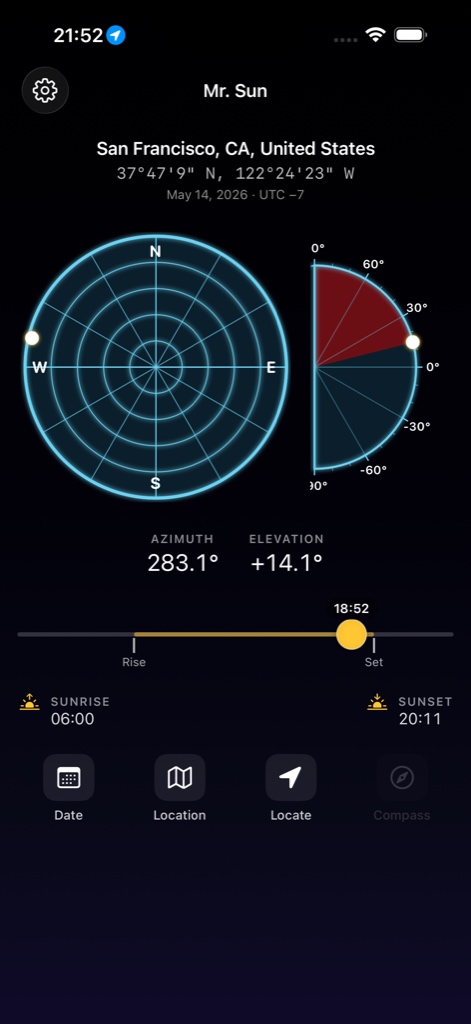 Mr. Sun dashboard showing the sky map and elevation gauge